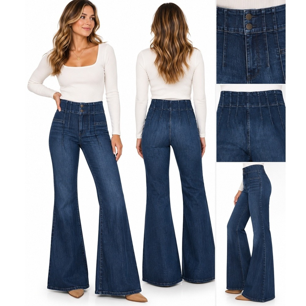 We The Free Denim Flare Jeans Dark Wash High Rise Seamed Waist 30 Boho 70s Retro
